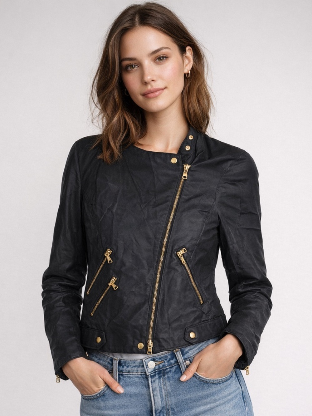 Club Monaco Black Moto Jacket Asymmetrical Zip Gold Hardware Size S